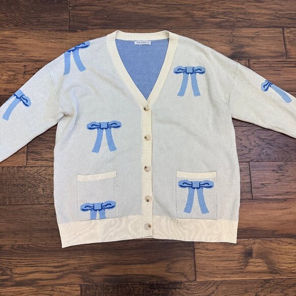 Women's Blue Bow Cardigan Sweater - Picture 1 of 4